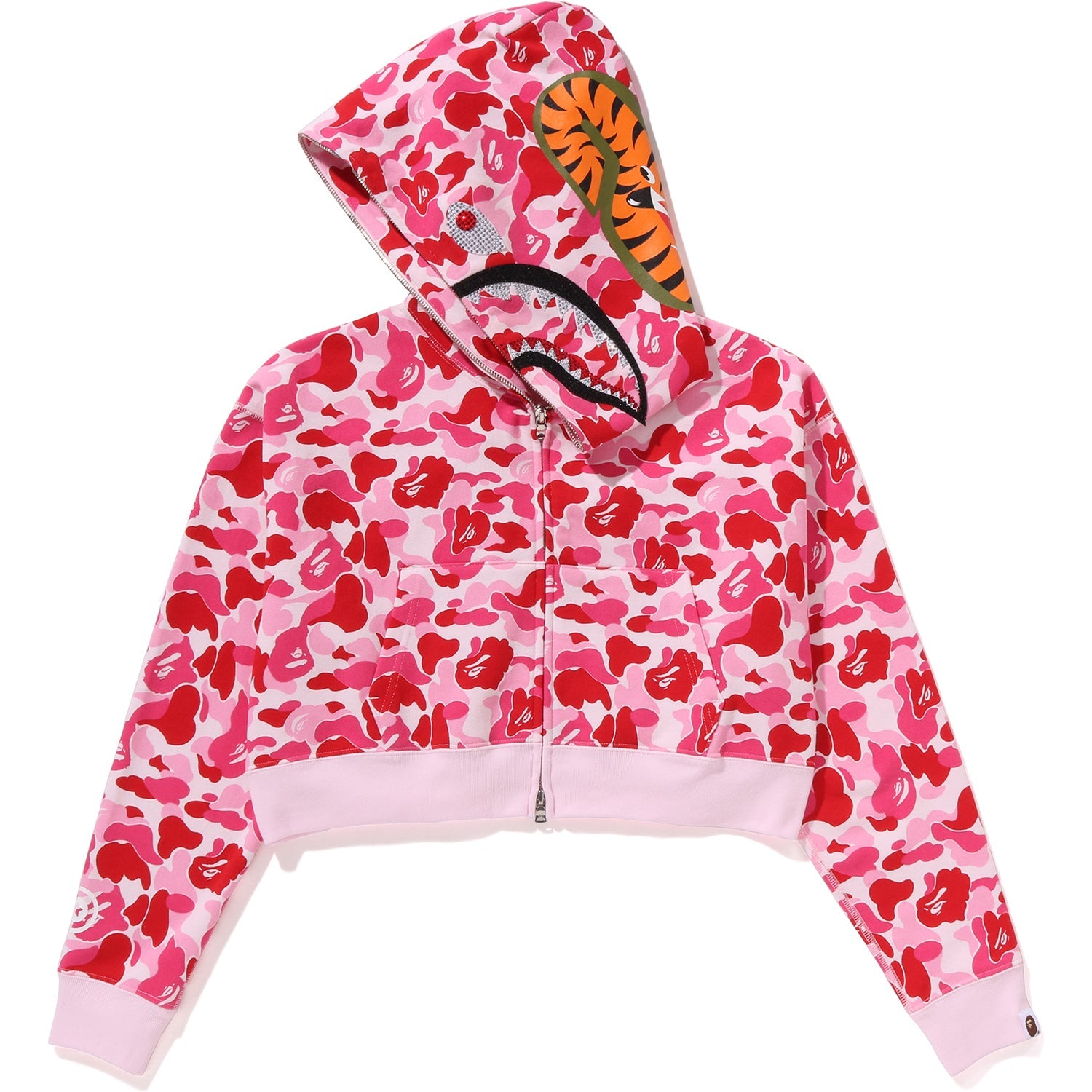 ABC CAMO CRYSTAL STONE SHARK CROPPED FULL ZIP HOODIE LADIES